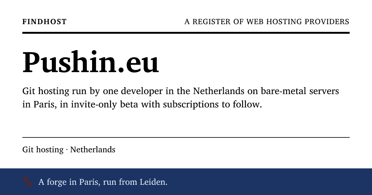 FindHost listing card for Pushin.eu showing the service name and brief description